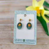 Daffodils on Green Oval Earrings