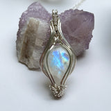 Rainbow Moonstone Pendant Wire-Wrapped in Sterling Silver