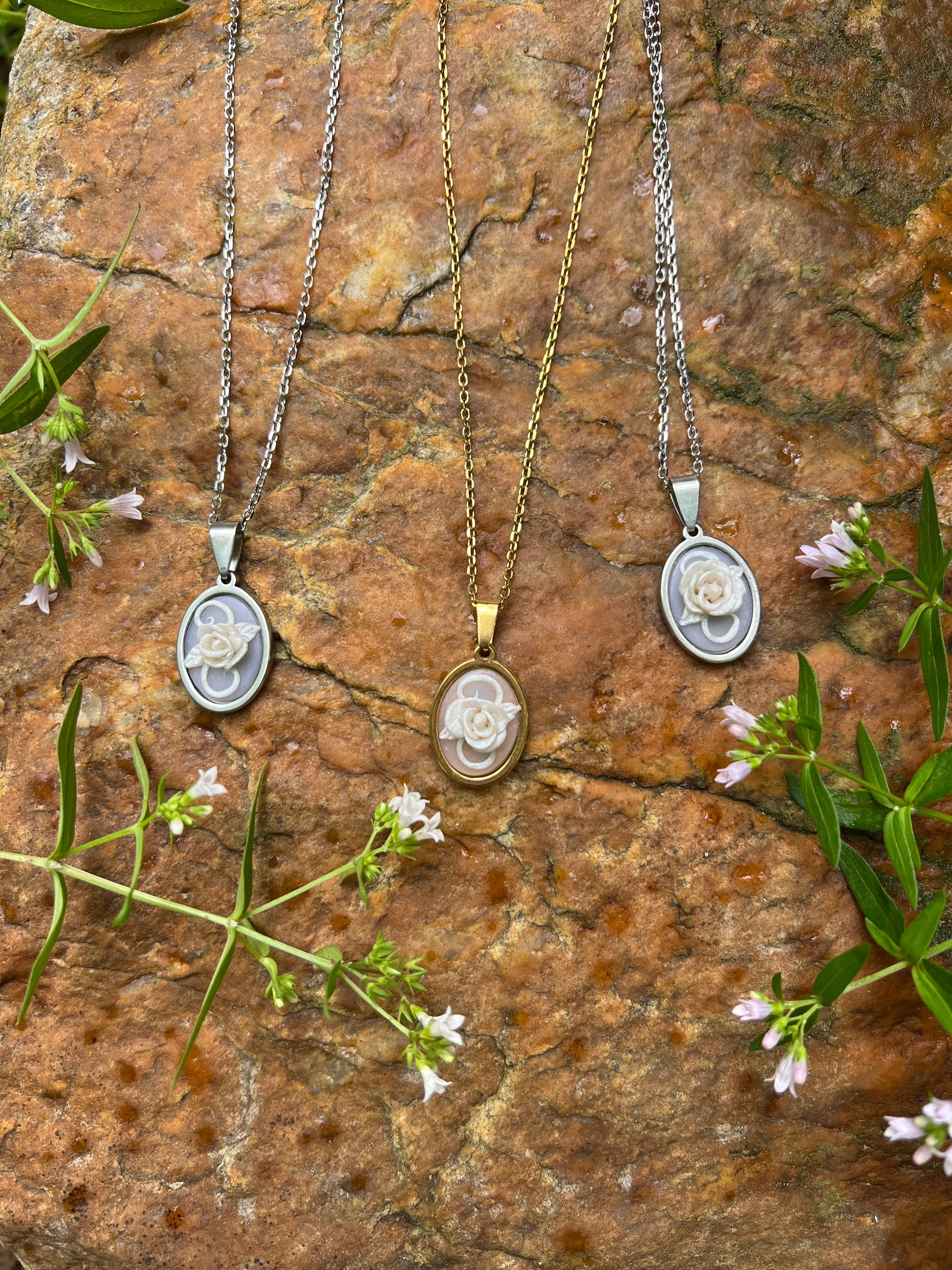 Hand sculpted white rose polymer clay necklaces