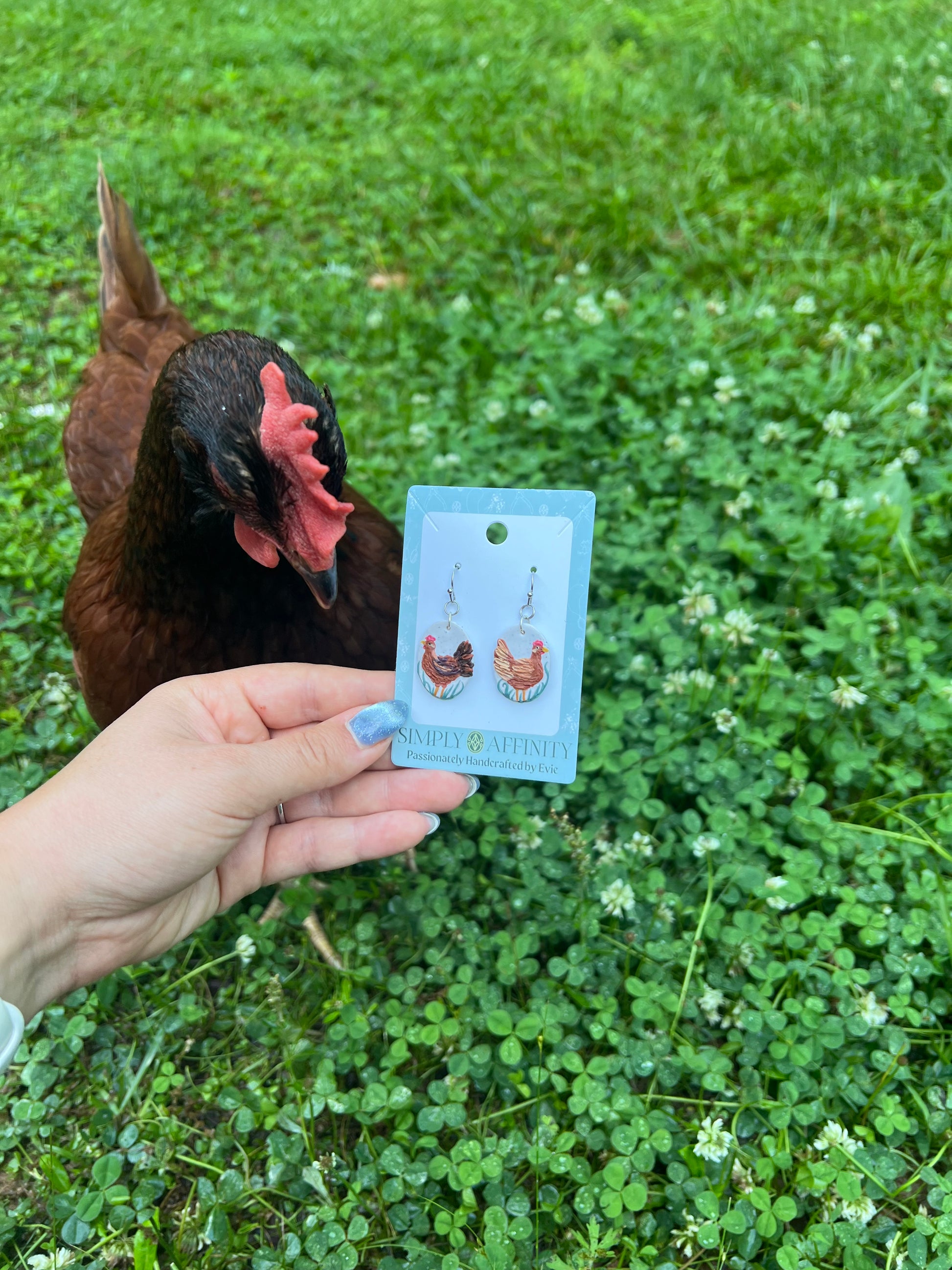 Chicken-themed polymer clay earrings on a card held in front of chickens in a grassy field