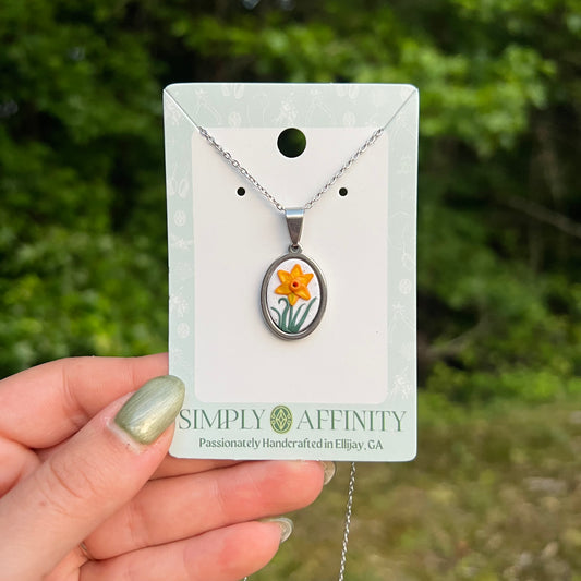 Daffodil Necklace on White Oval
