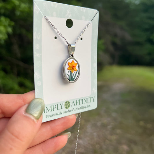 Daffodil Necklace on White Oval