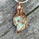 Ammonite & Pearl Pendant Wire-Wrapped in Copper