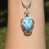 Larimar & Pearl Pendant Wire-Wrapped in Sterling Silver