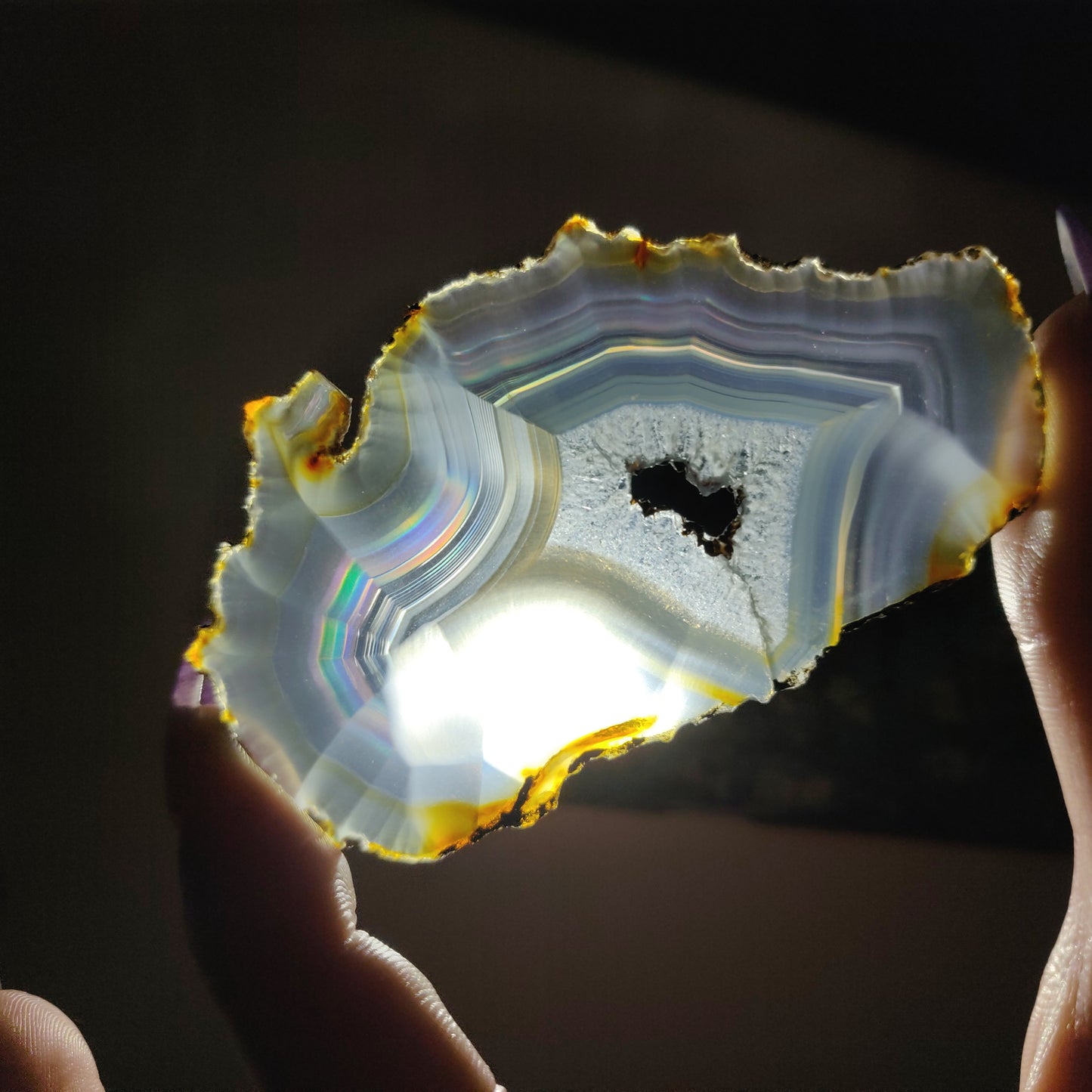 Rainbow Iris Agate Slice viewed through flashlight