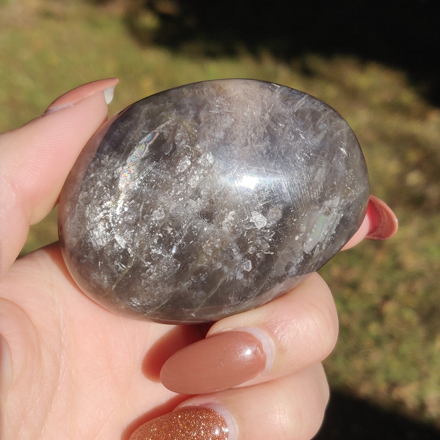 Black Moonstone Palm Stone with Rainbows (#10)