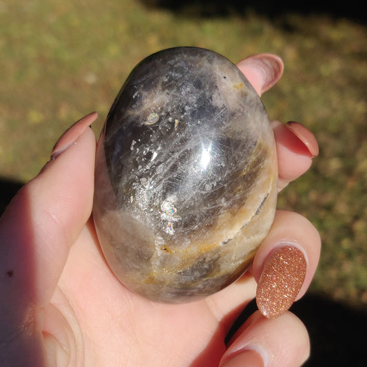 Black Moonstone Palm Stone with Rainbows (#10)