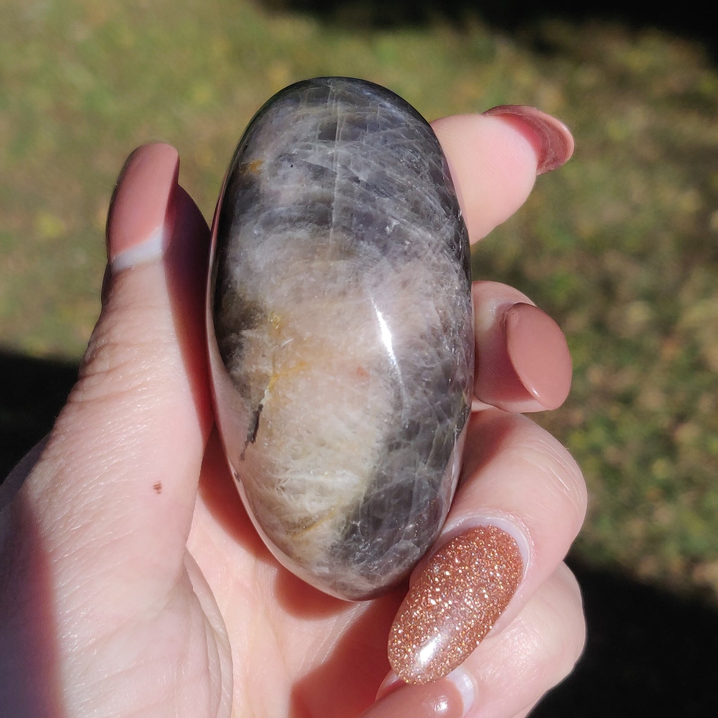 Black Moonstone Palm Stone with Rainbows (#10)