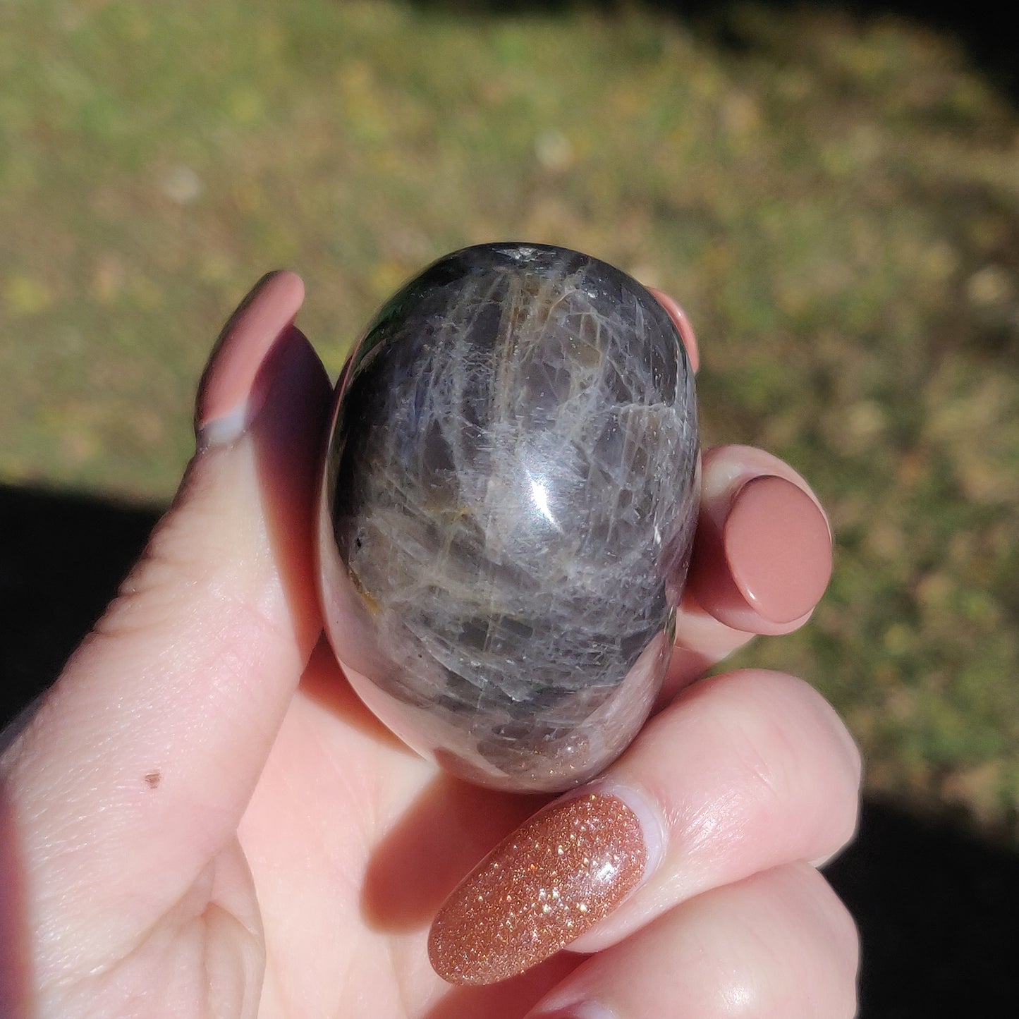 Black Moonstone Palm Stone with Rainbows (#10)