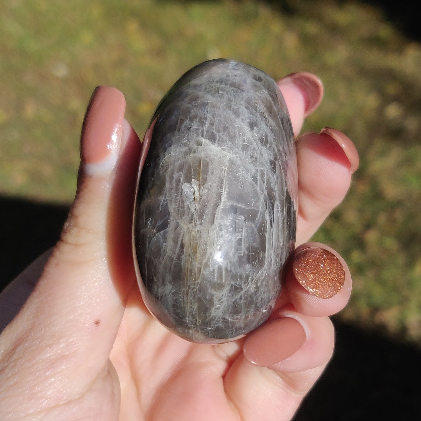 Black Moonstone Palm Stone with Rainbows (#10)