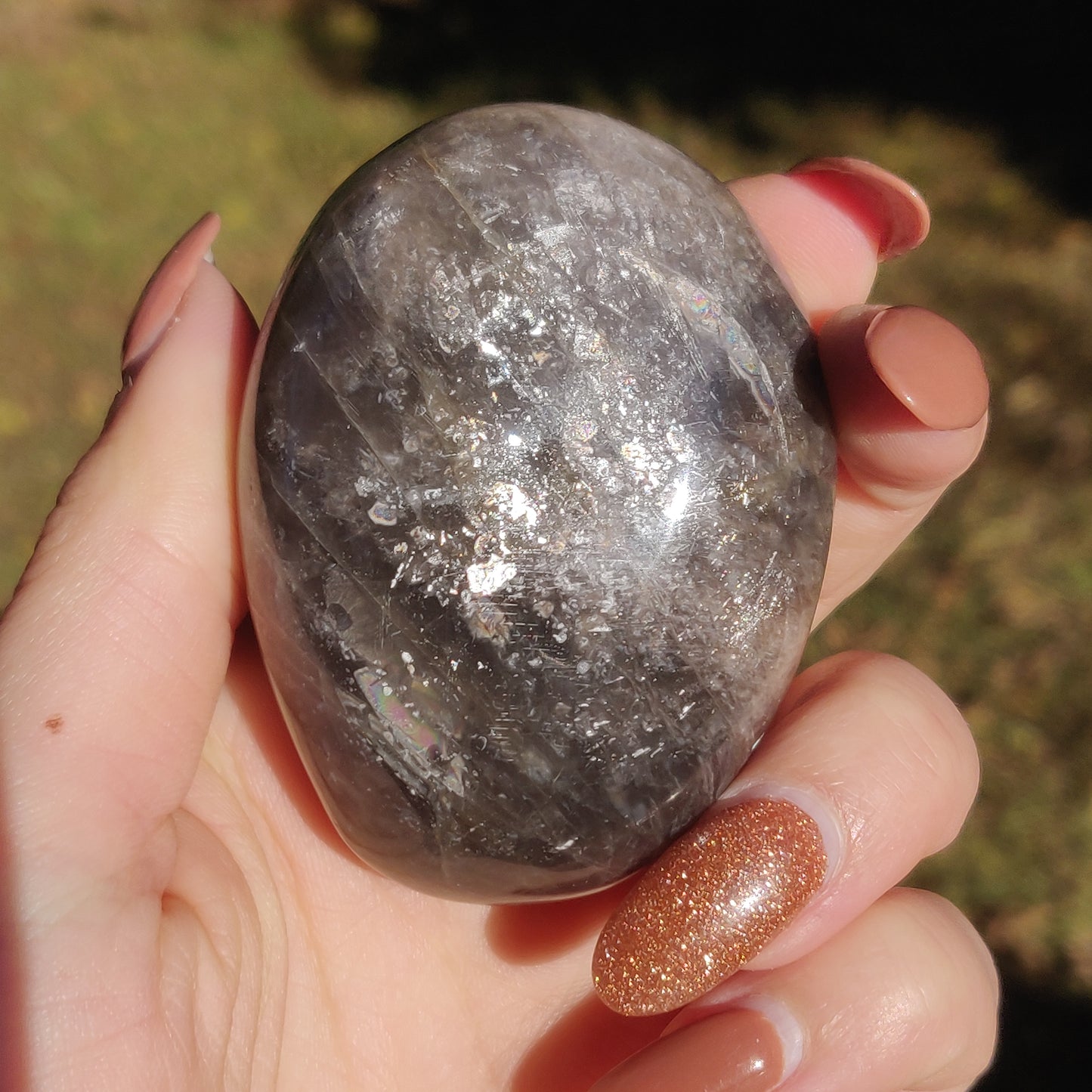 Black Moonstone Palm Stone with Rainbows (#10)