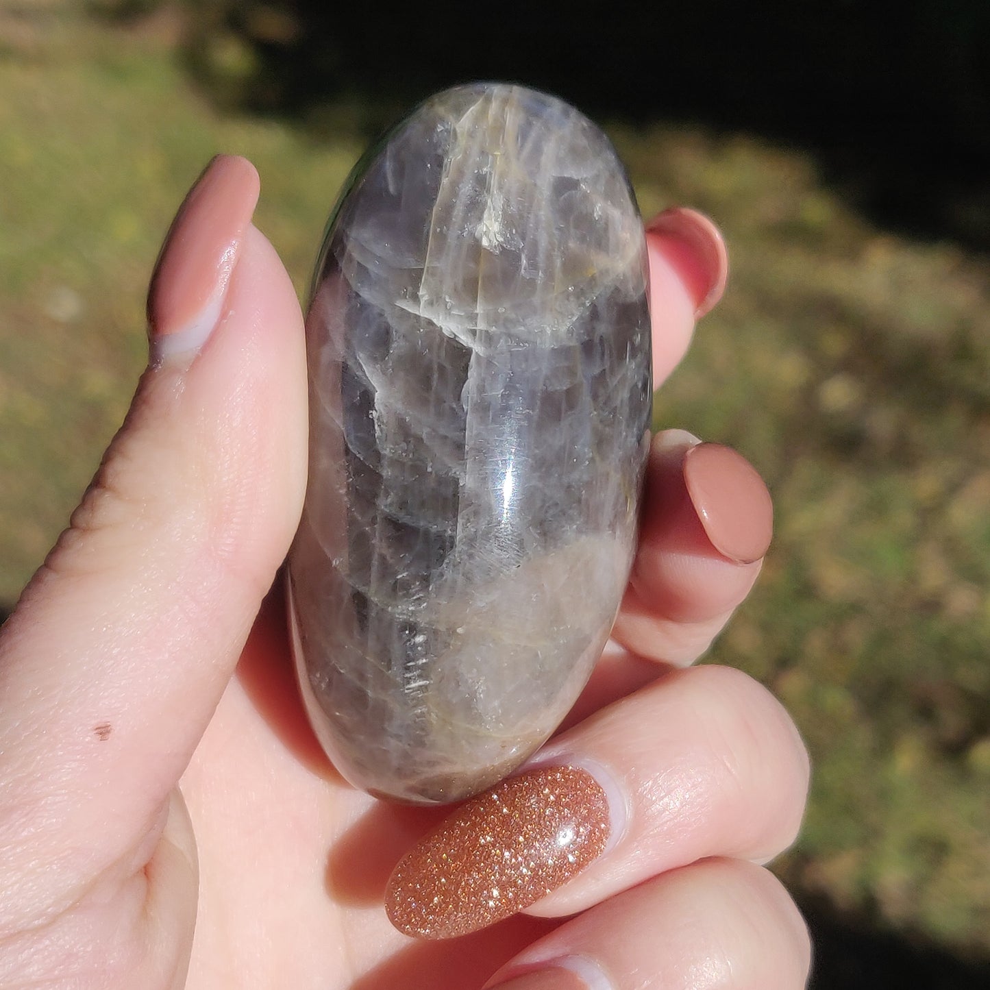 Black Moonstone Palm Stone with Rainbows (#10)