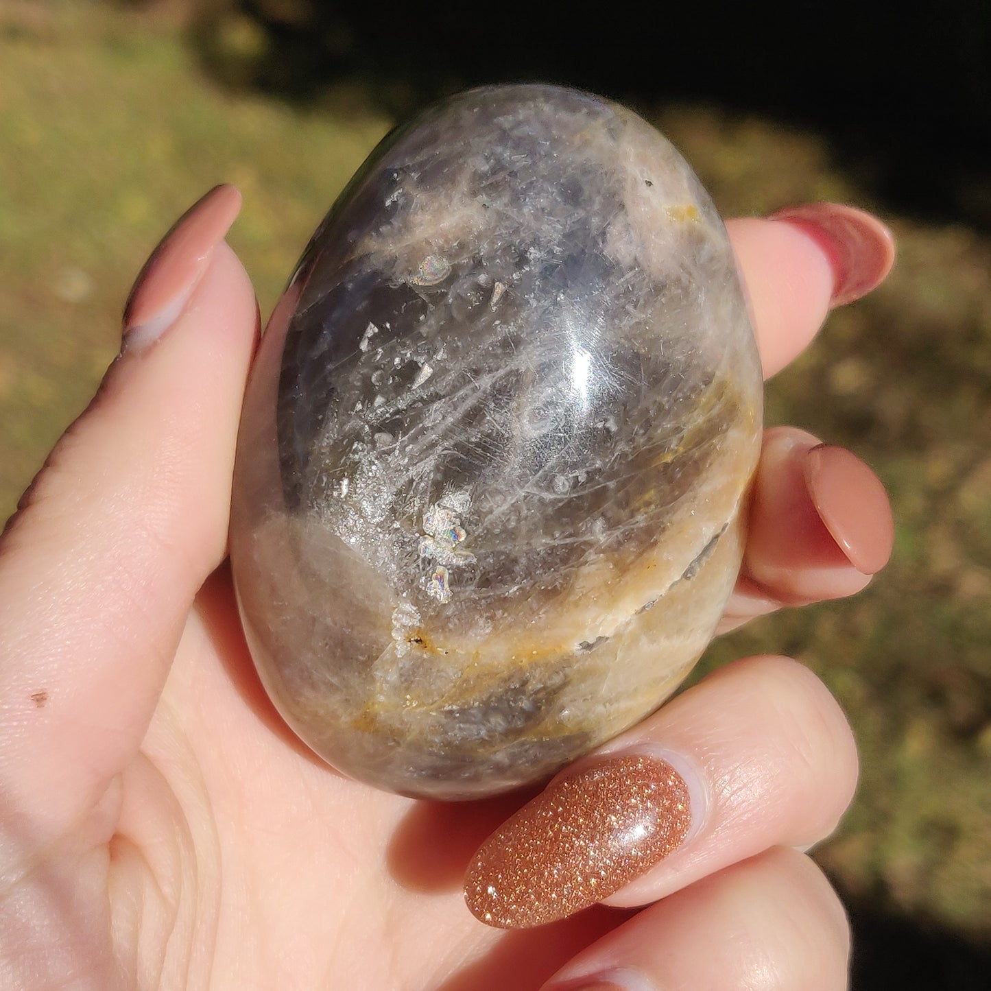 Black Moonstone Palm Stone with Rainbows (#10)