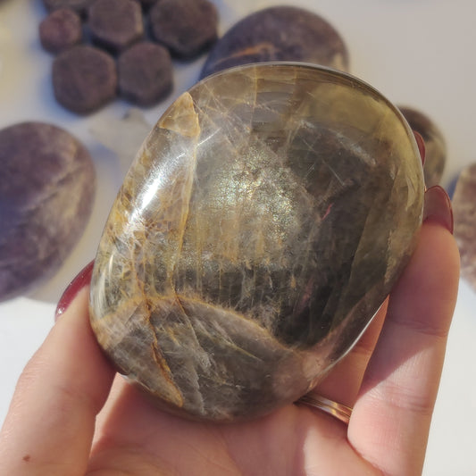 Black Moonstone Palm Stone, Flashy Black Moonstone (#3)