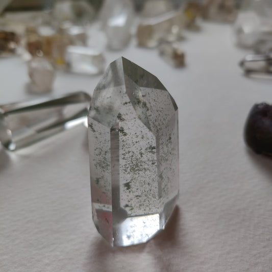 Garden Quartz Point, Lodolite Point with Green Chlorite Inclusions (#1A)