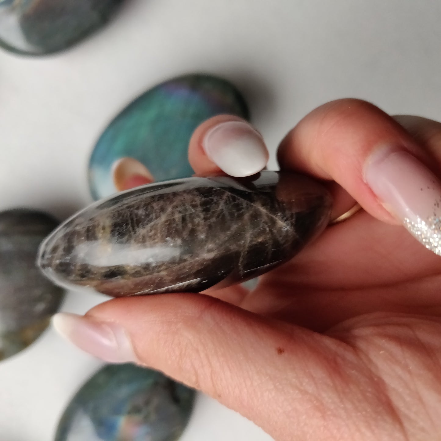 Black Moonstone Palm Stone, Flashy Black Moonstone (#9)