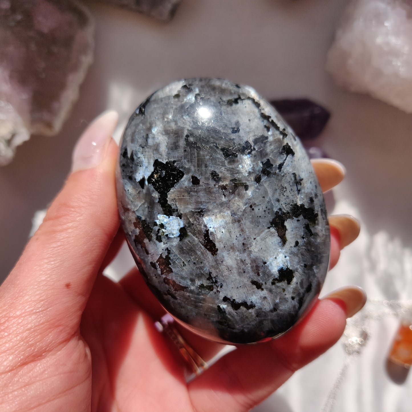 Larvikite Palm Stone (#9)