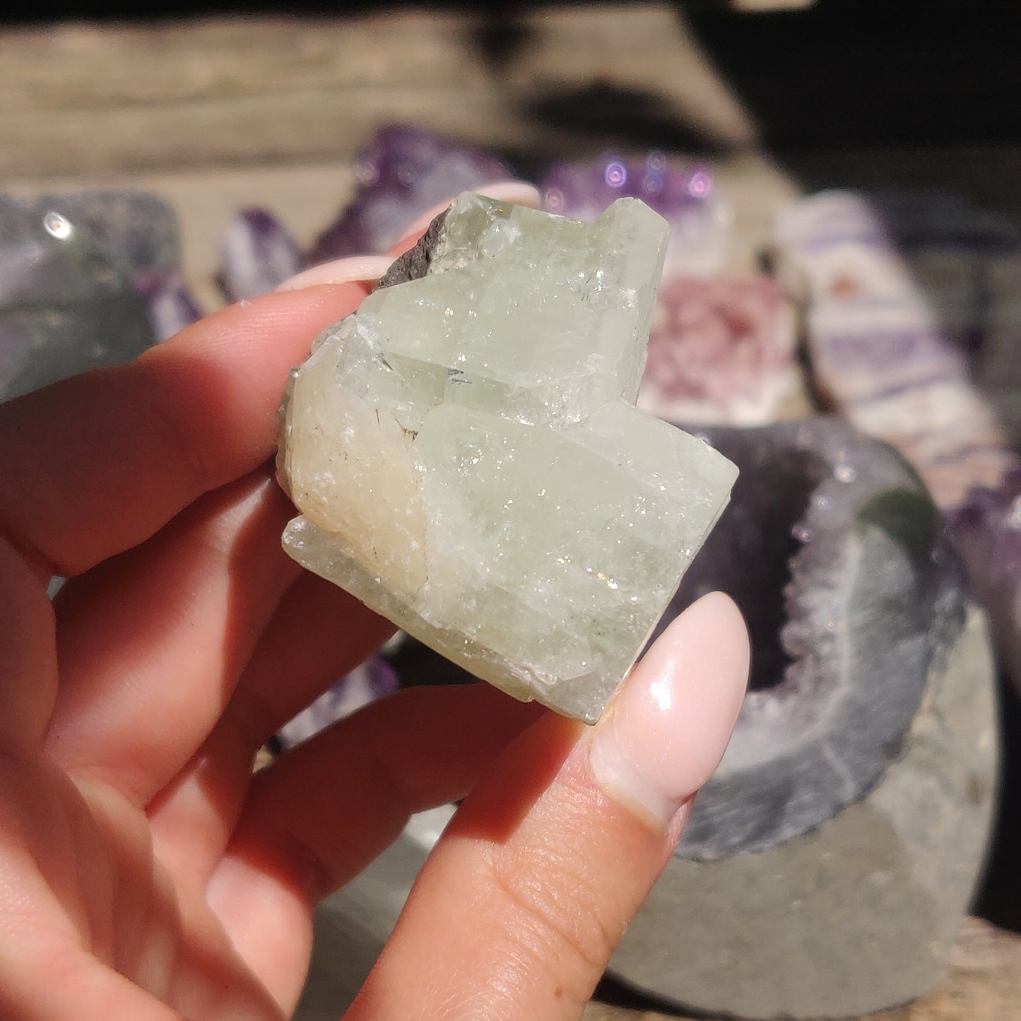 Green Apophyllite with Peach Stillbite Cluster (#35)
