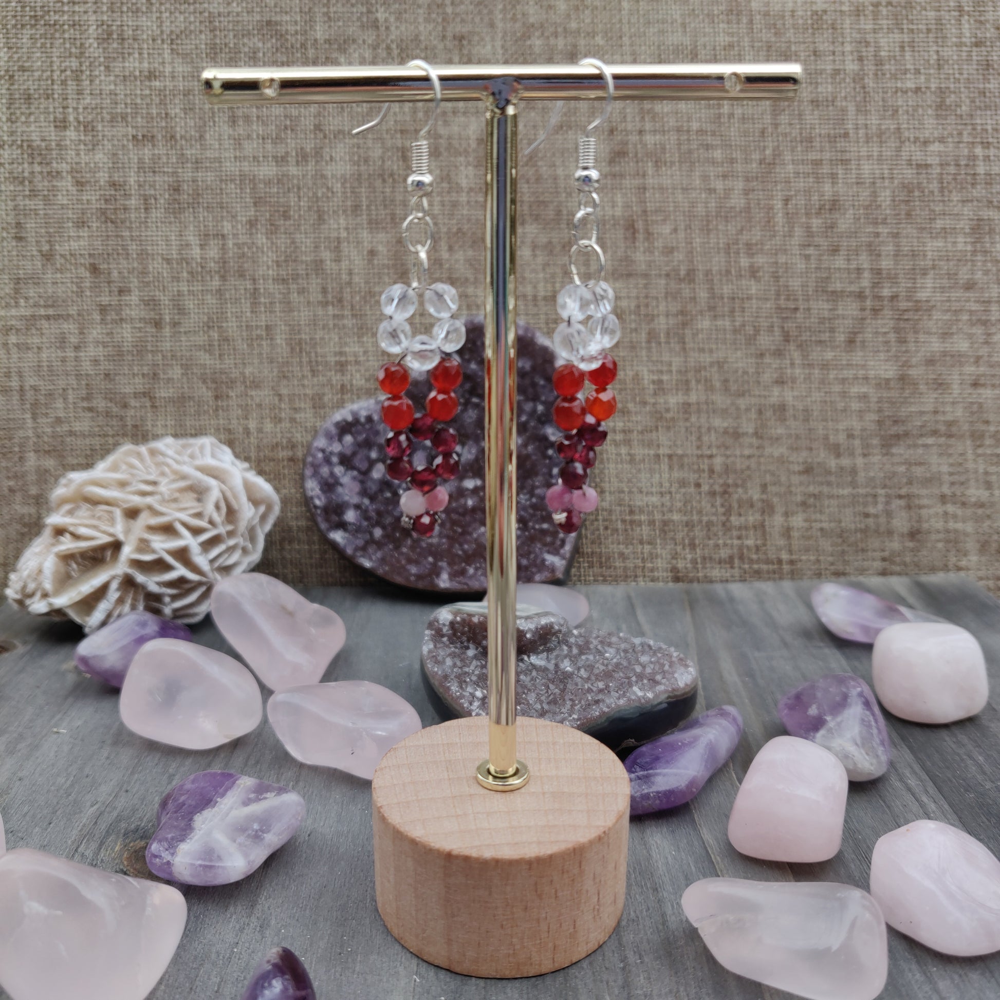 Handmade Gemstone Earrings - Clear Quartz, Carnelian, Garnet, & Pink Tourmaline - Simply Affinity