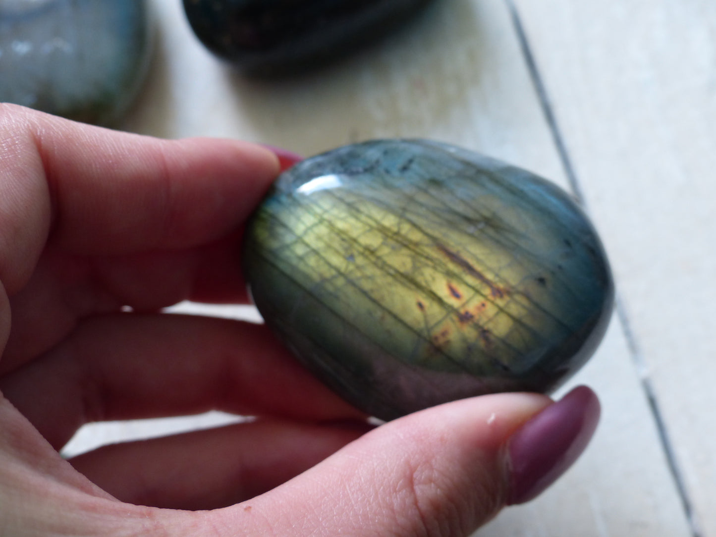 Labradorite Pocket Stone, Golden Green & Blue Labradorite (#23)