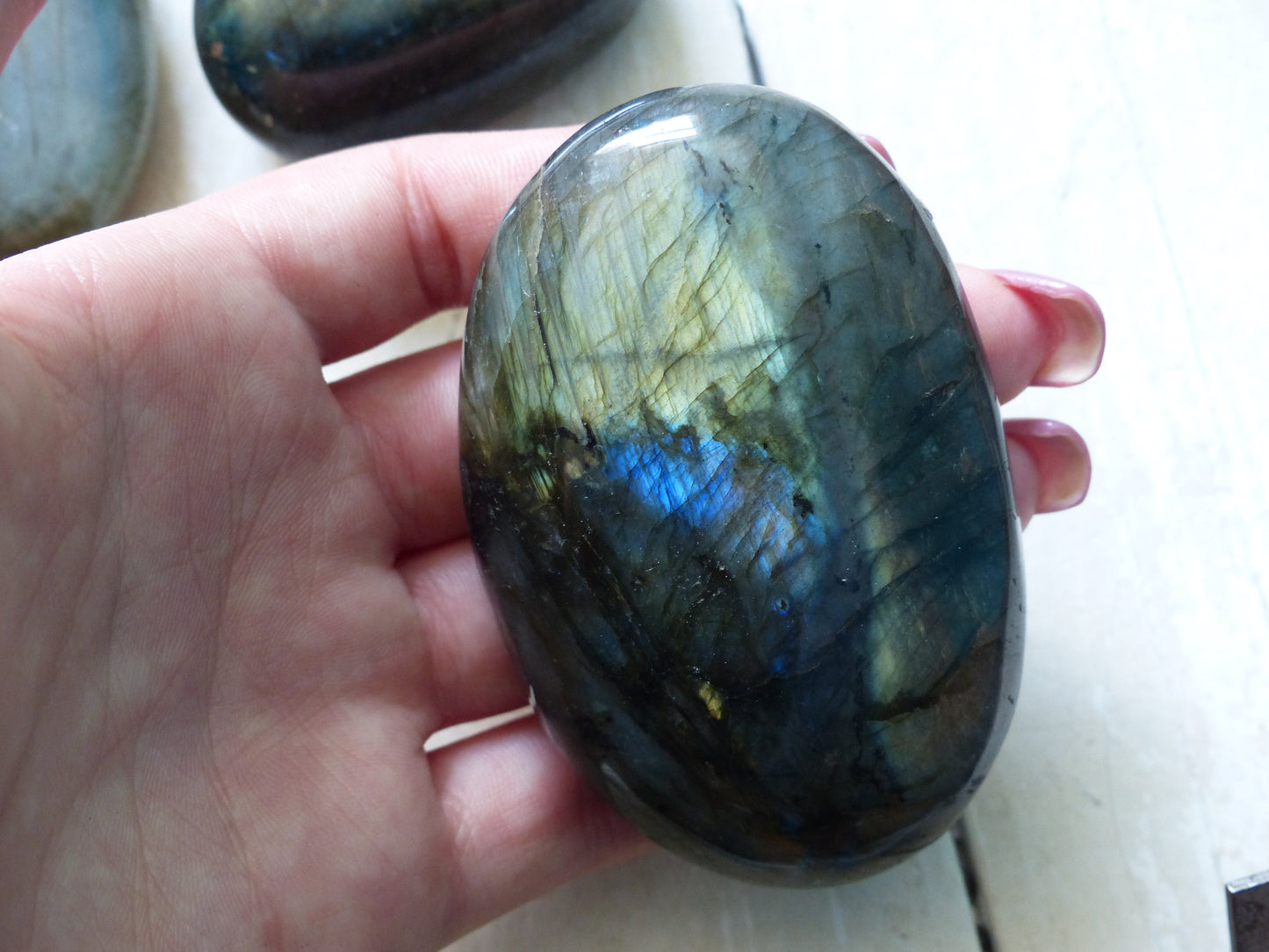 Labradorite Palm Stone, Golden Green Labradorite (#21)