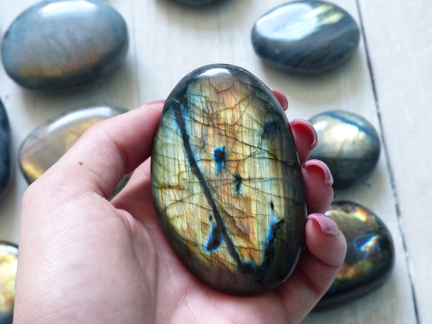 Labradorite Palm Stone, Golden Green Labradorite (#21)