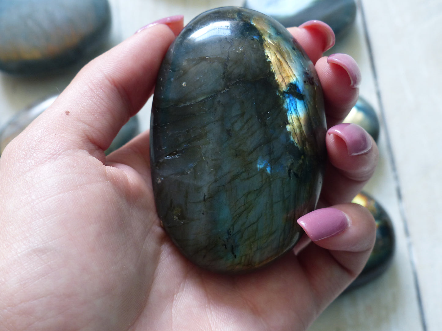 Labradorite Palm Stone, Golden Green Labradorite (#21)