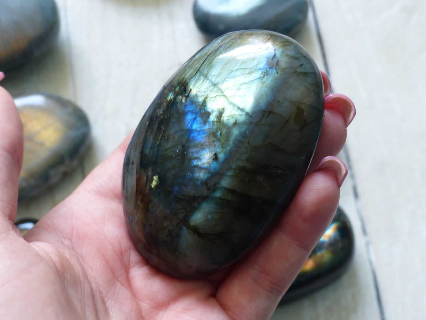 Labradorite Palm Stone, Golden Green Labradorite (#21)