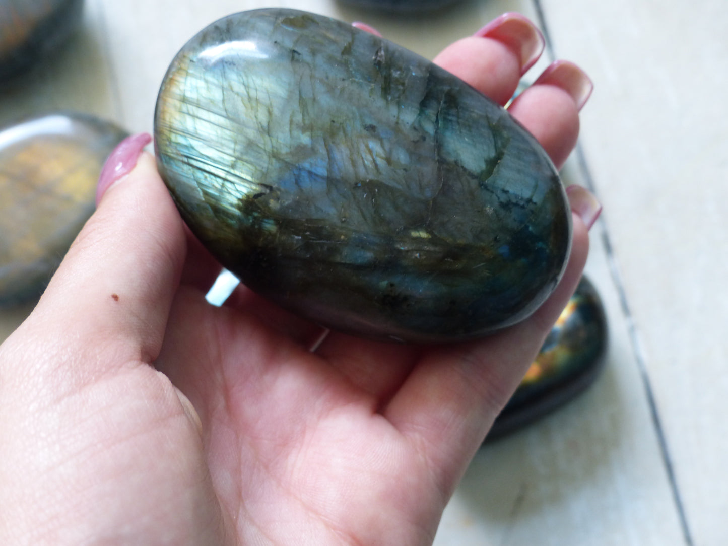 Labradorite Palm Stone, Golden Green Labradorite (#21)