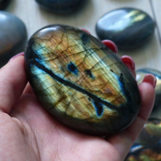 Labradorite Palm Stone, Golden Green Labradorite (#21)