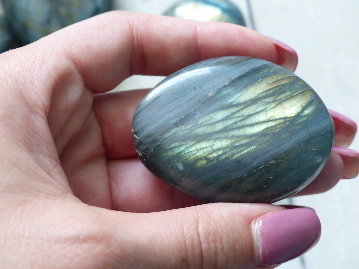Labradorite Palm Stone, Golden Green Labradorite (#17)