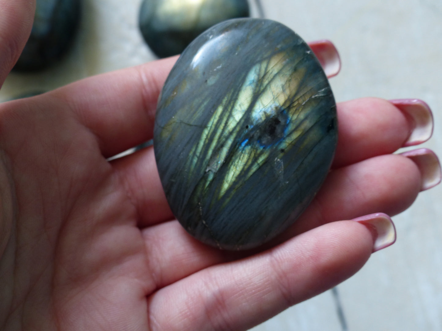 Labradorite Palm Stone, Golden Green Labradorite (#17)