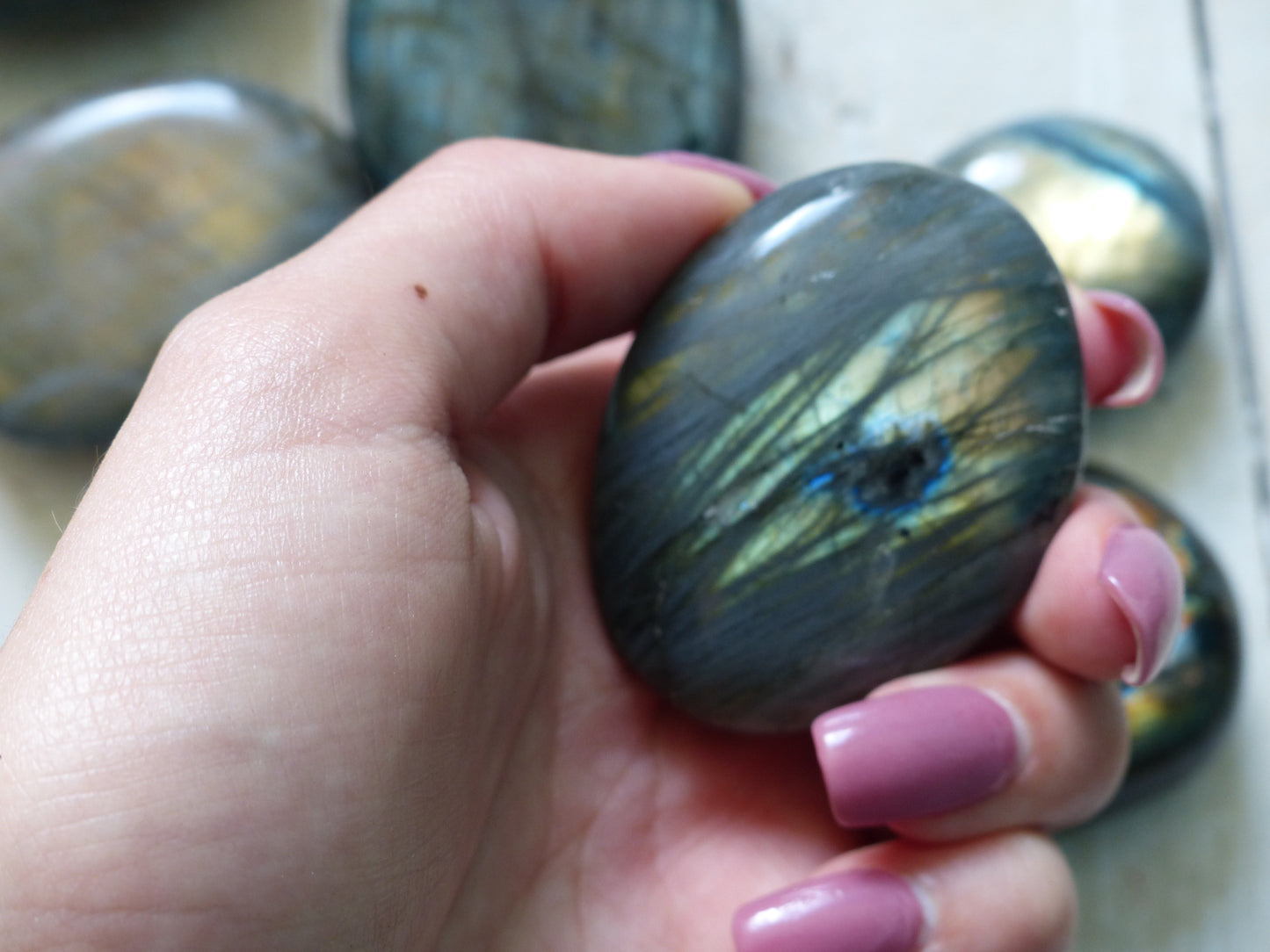 Labradorite Palm Stone, Golden Green Labradorite (#17)