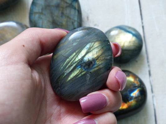 Labradorite Palm Stone, Golden Green Labradorite (#17)