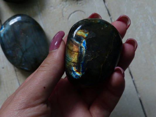 Labradorite Palm Stone, Firey Yellow & Orange Labradorite (#13) - Simply Affinity
