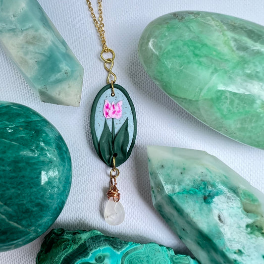 Framed Tulip and Rose Quartz Necklace - Ready to Ship - Simply Affinity