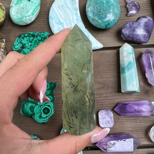Polished Prehnite Point with Epidote Inclusions (#1) - Simply Affinity