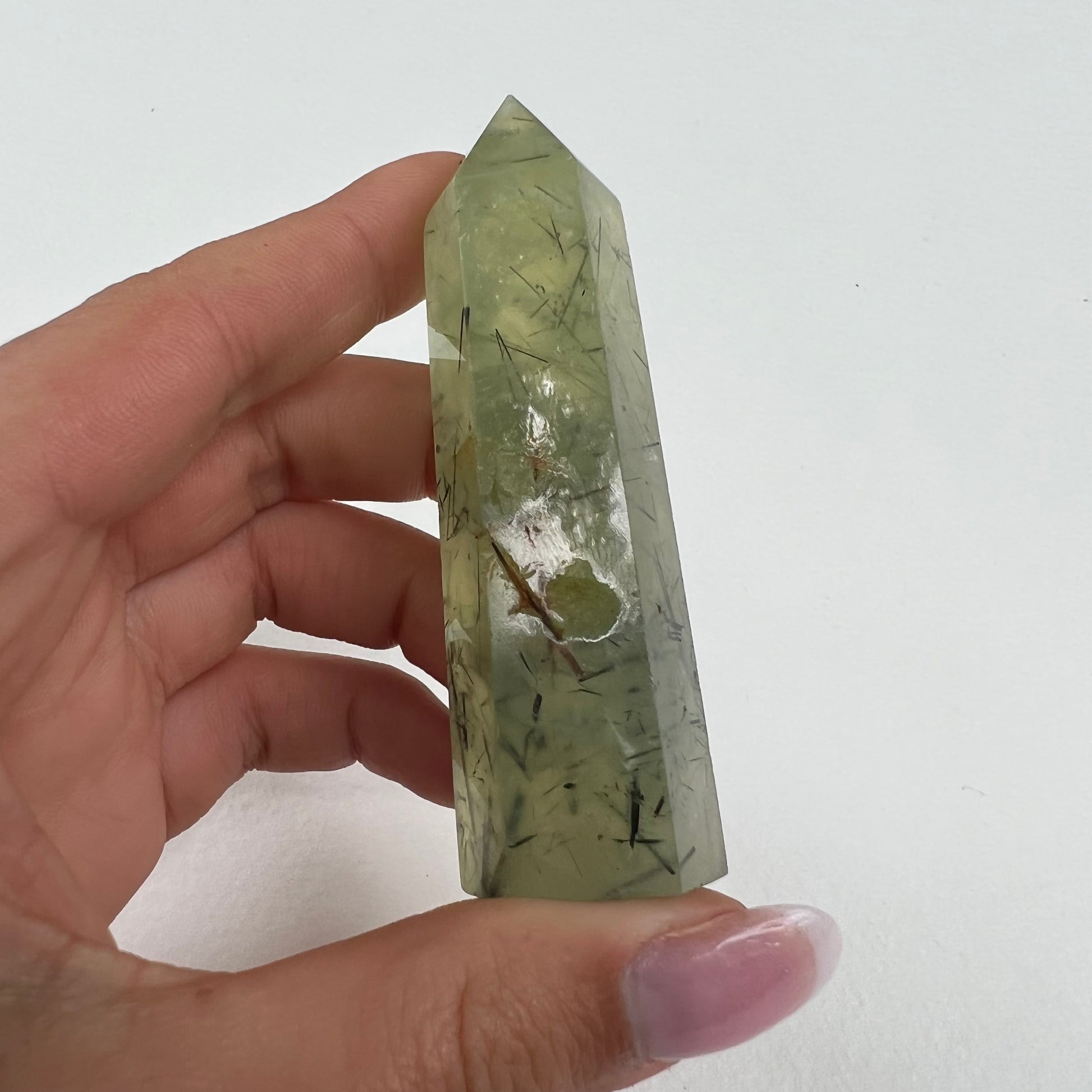 Polished Prehnite Point with Epidote Inclusions (#1) - Simply Affinity