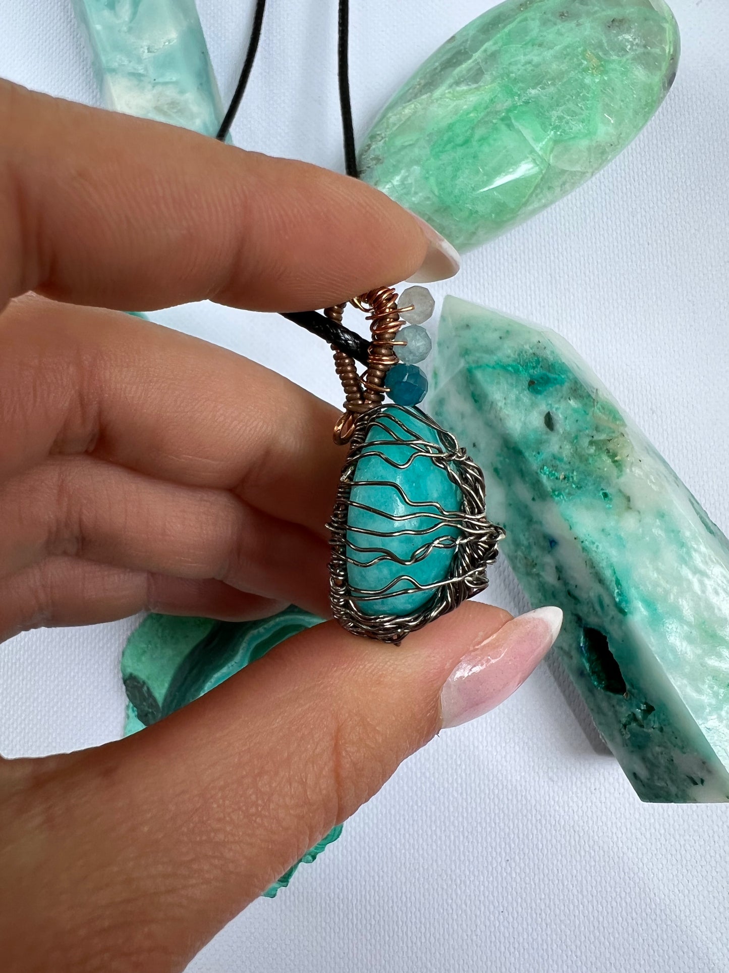 Handmade Tree of Life Amazonite Pendant with Aquamarine and Apatite - Simply Affinity