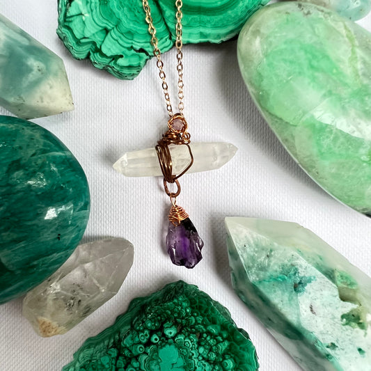 Handmade Wire-Wrapped Double Terminated Quartz & Amethyst Pendant - Simply Affinity