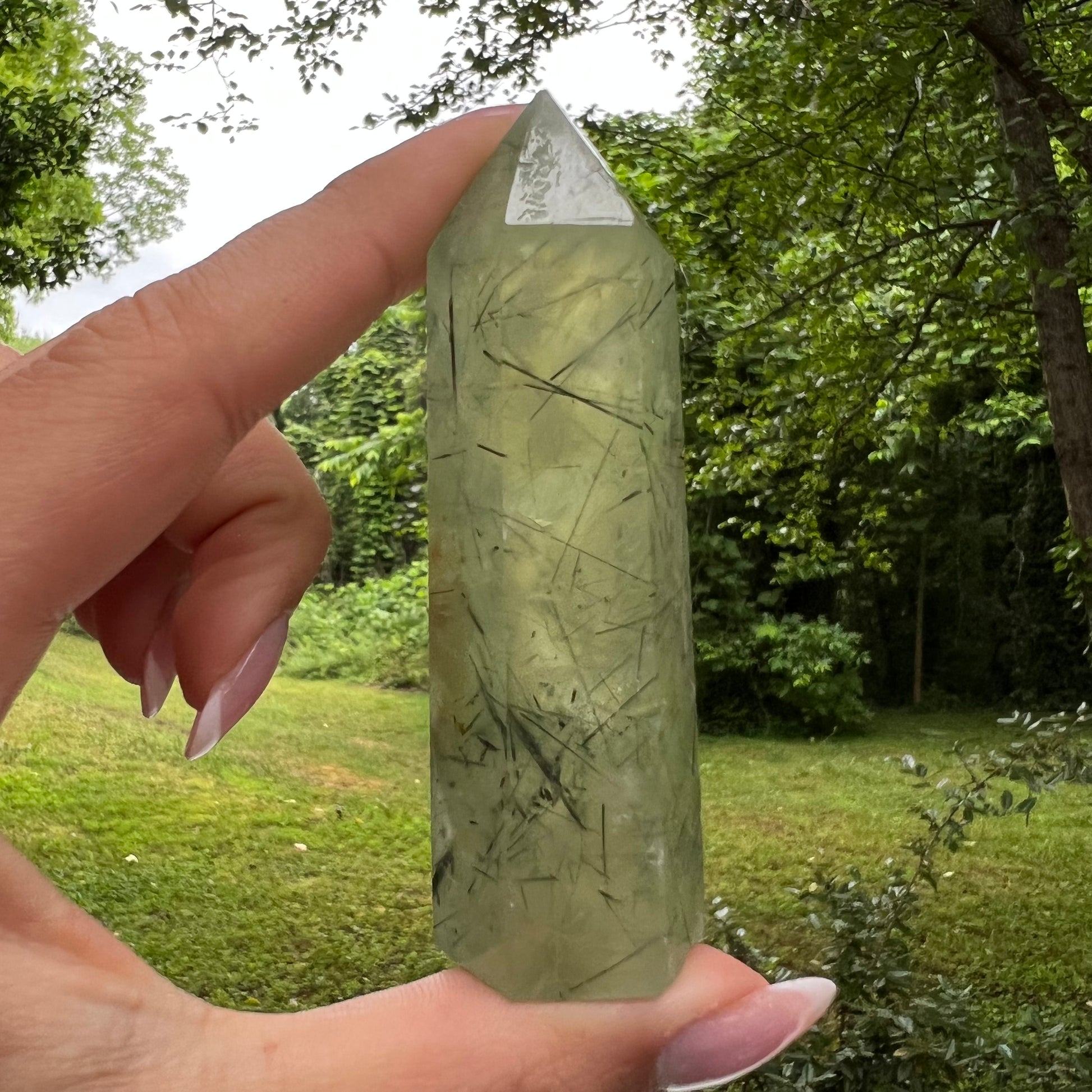 Polished Prehnite Point with Epidote Inclusions (#1) - Simply Affinity