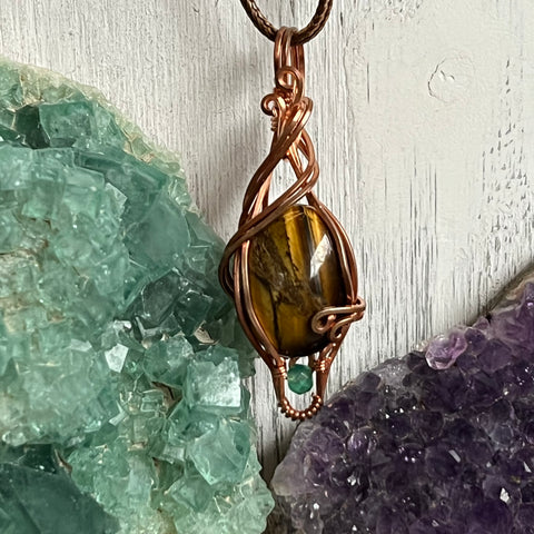 Tiger's Eye & Green Onyx Pendant Wire-Wrapped in Copper - Simply Affinity