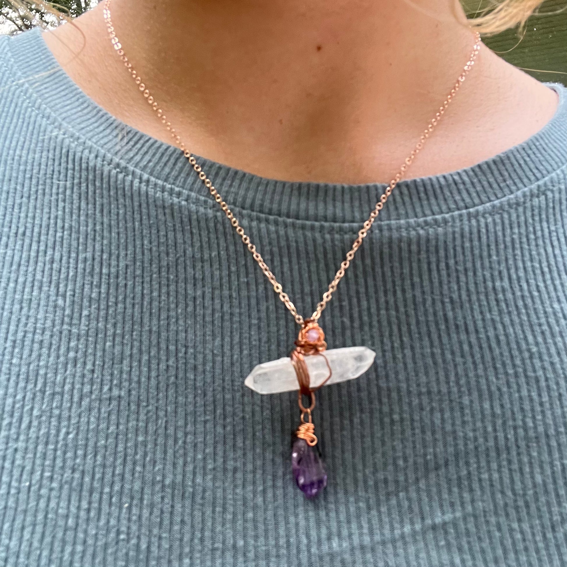 Handmade Wire-Wrapped Double Terminated Quartz & Amethyst Pendant - Simply Affinity