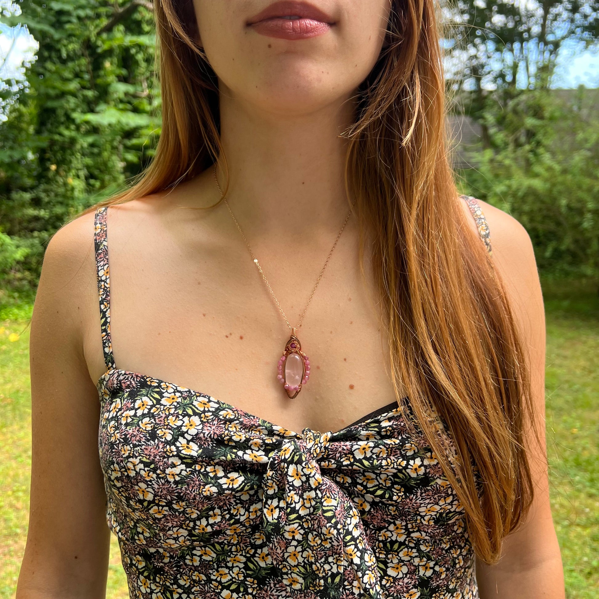 Rose Quartz, Ruby, and Pink Tourmaline Wire-Wrapped Pendant - Ready to Ship - Simply Affinity