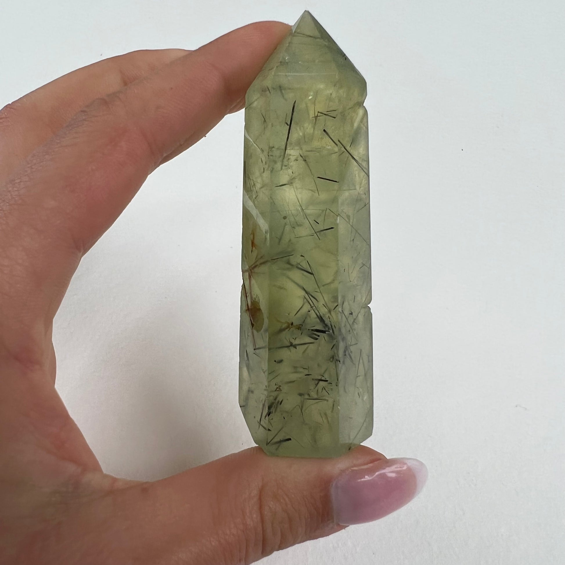 Polished Prehnite Point with Epidote Inclusions (#1) - Simply Affinity