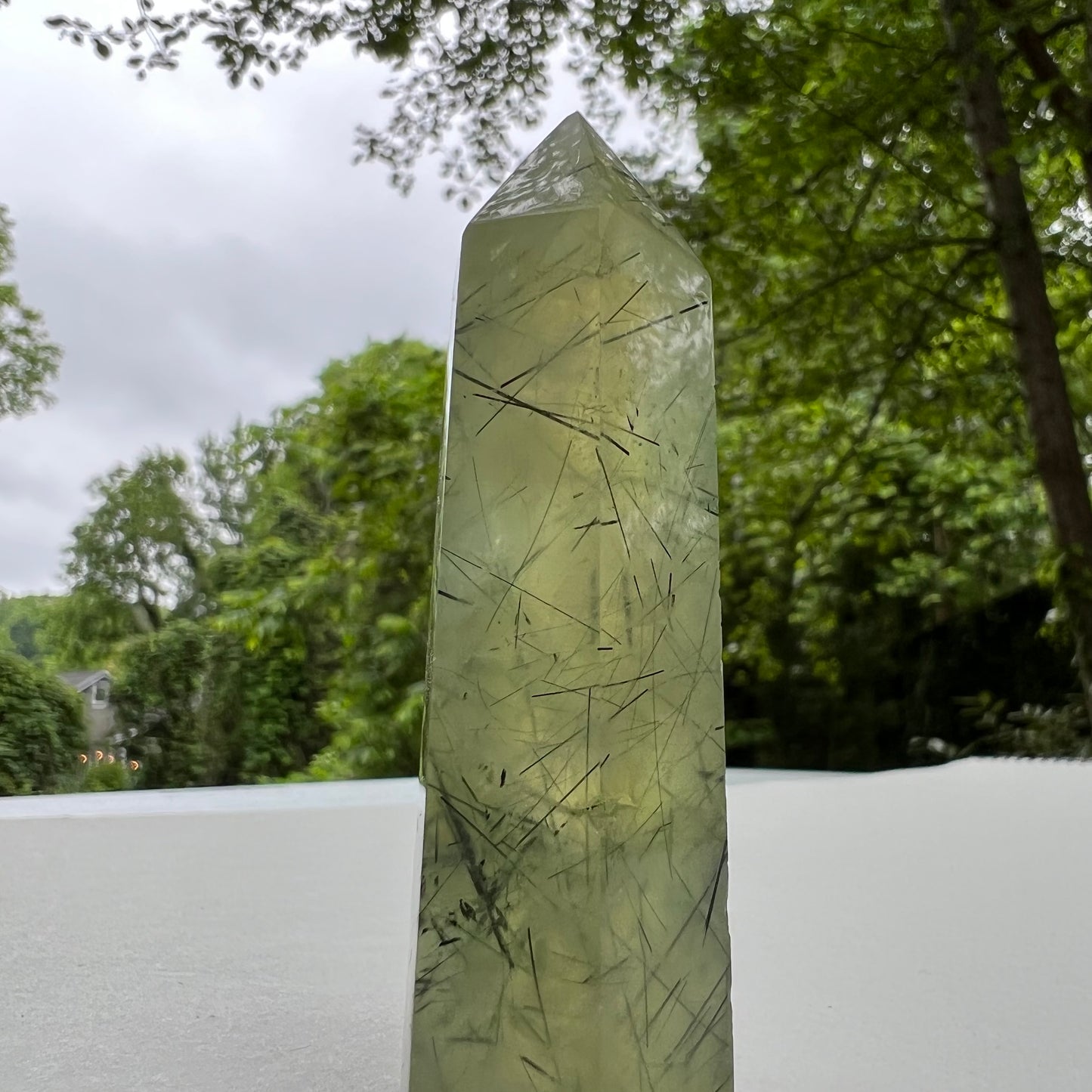 Polished Prehnite Point with Epidote Inclusions (#1) - Simply Affinity