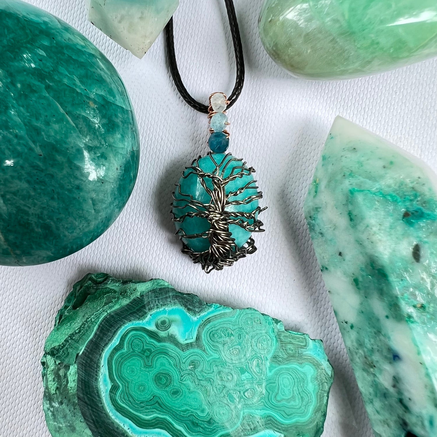 Handmade Tree of Life Amazonite Pendant with Aquamarine and Apatite - Simply Affinity