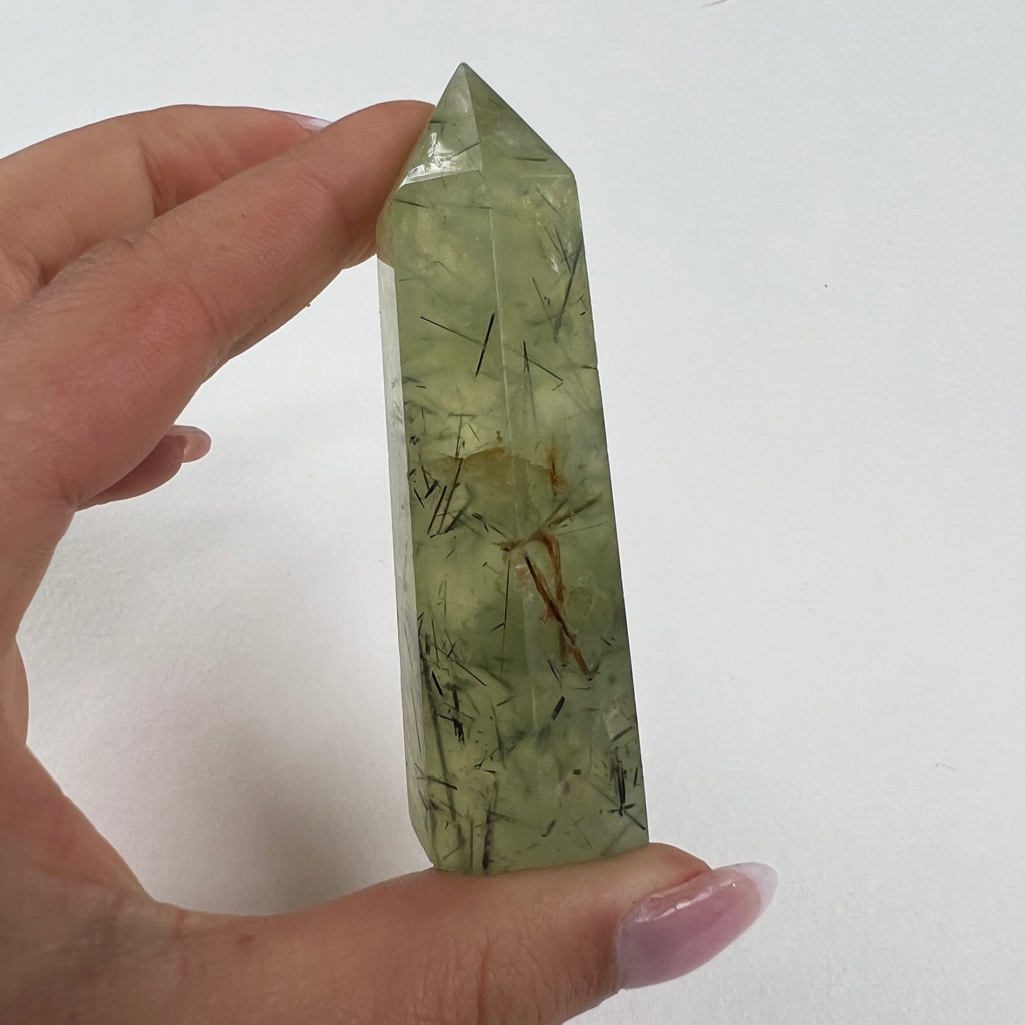 Polished Prehnite Point with Epidote Inclusions (#1) - Simply Affinity