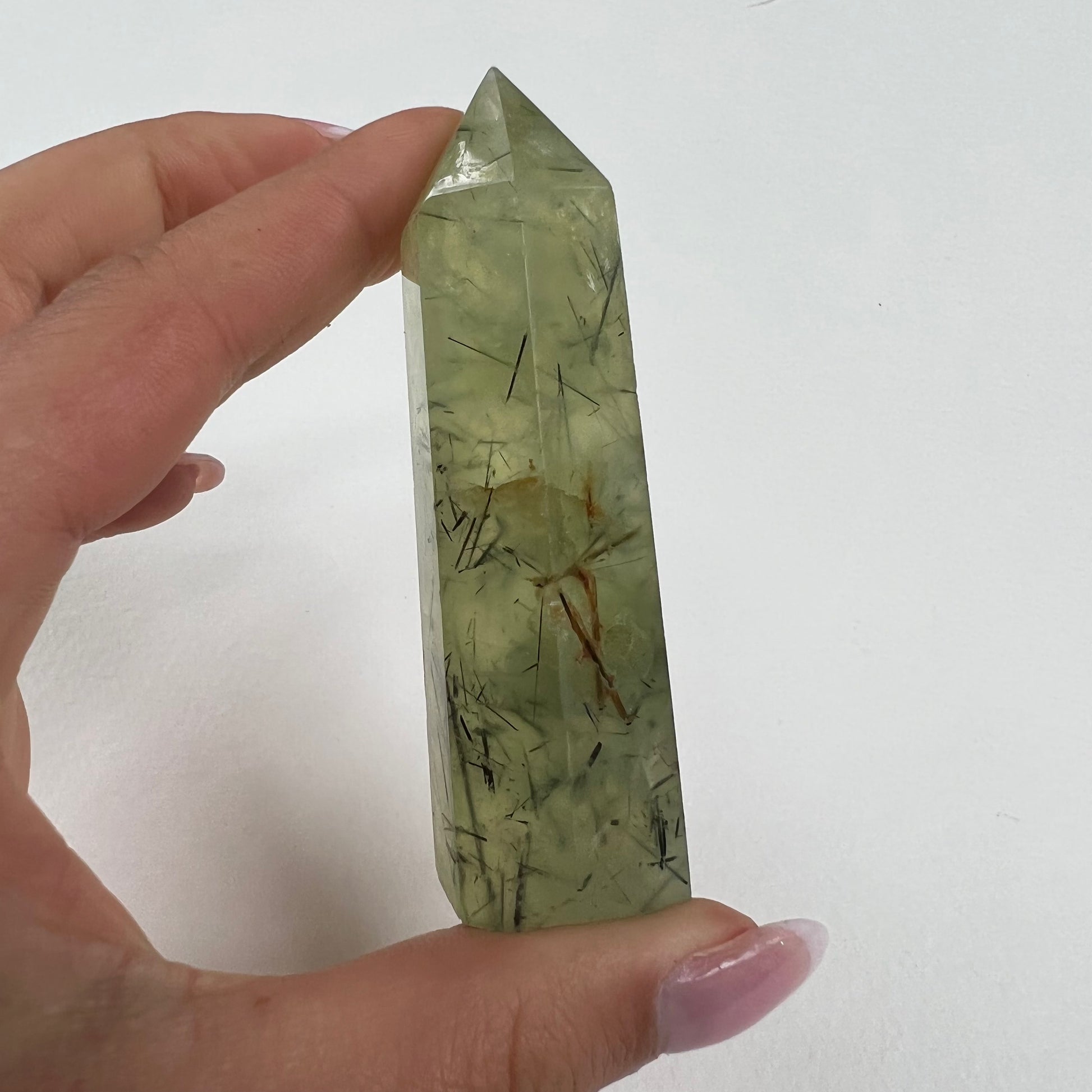 Polished Prehnite Point with Epidote Inclusions (#1) - Simply Affinity