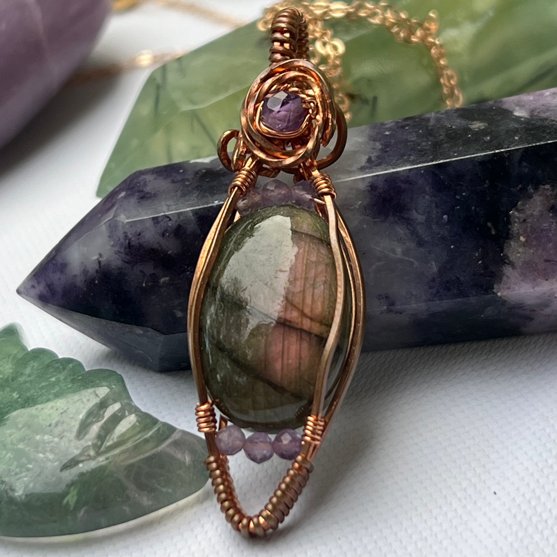 Purple Labradorite and Amethyst Wire-Wrapped Pendant - Ready to Ship - Simply Affinity